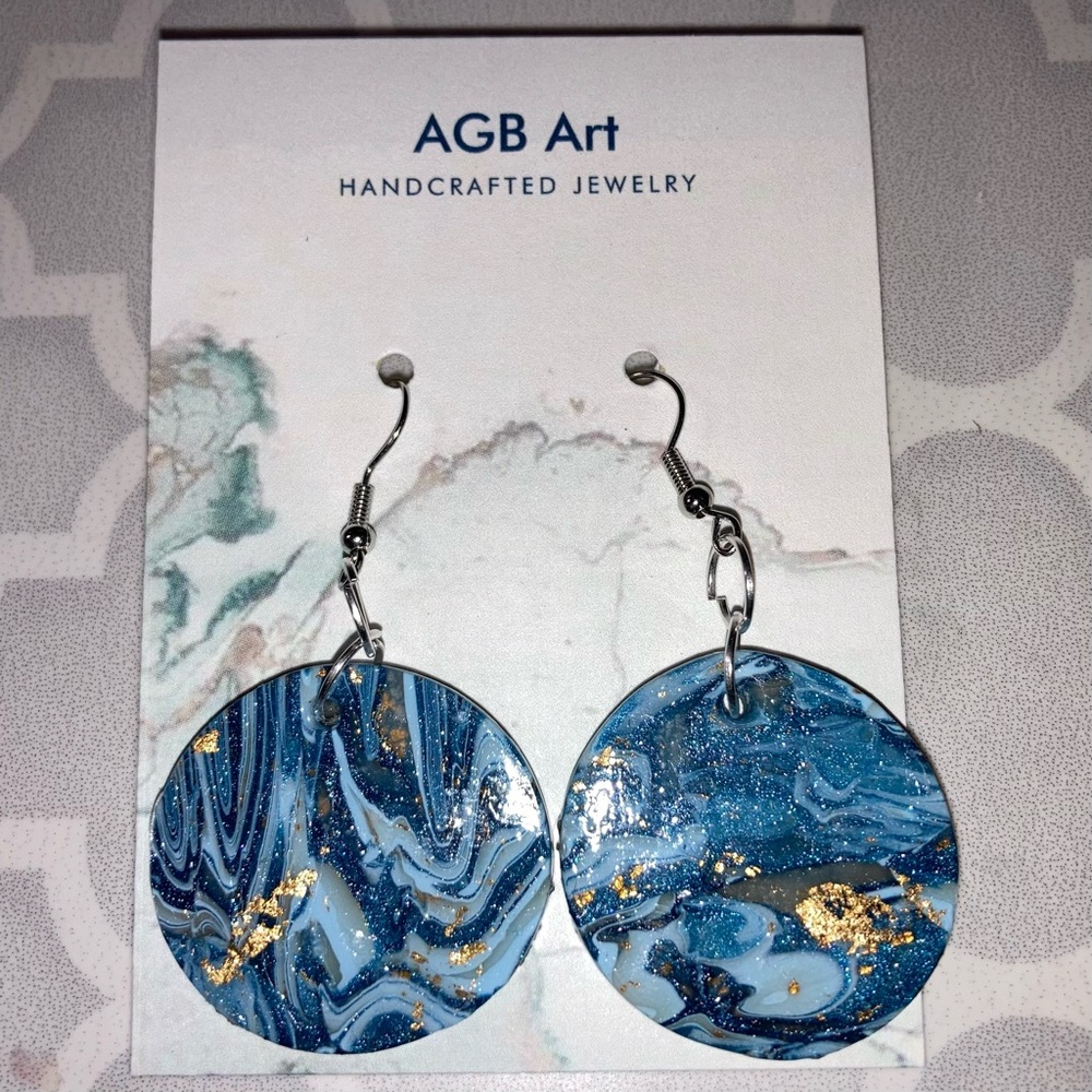 New Hand Crafted Polymer Clay Blue Gold Shimmer Dangle Earrings Stainless Steel